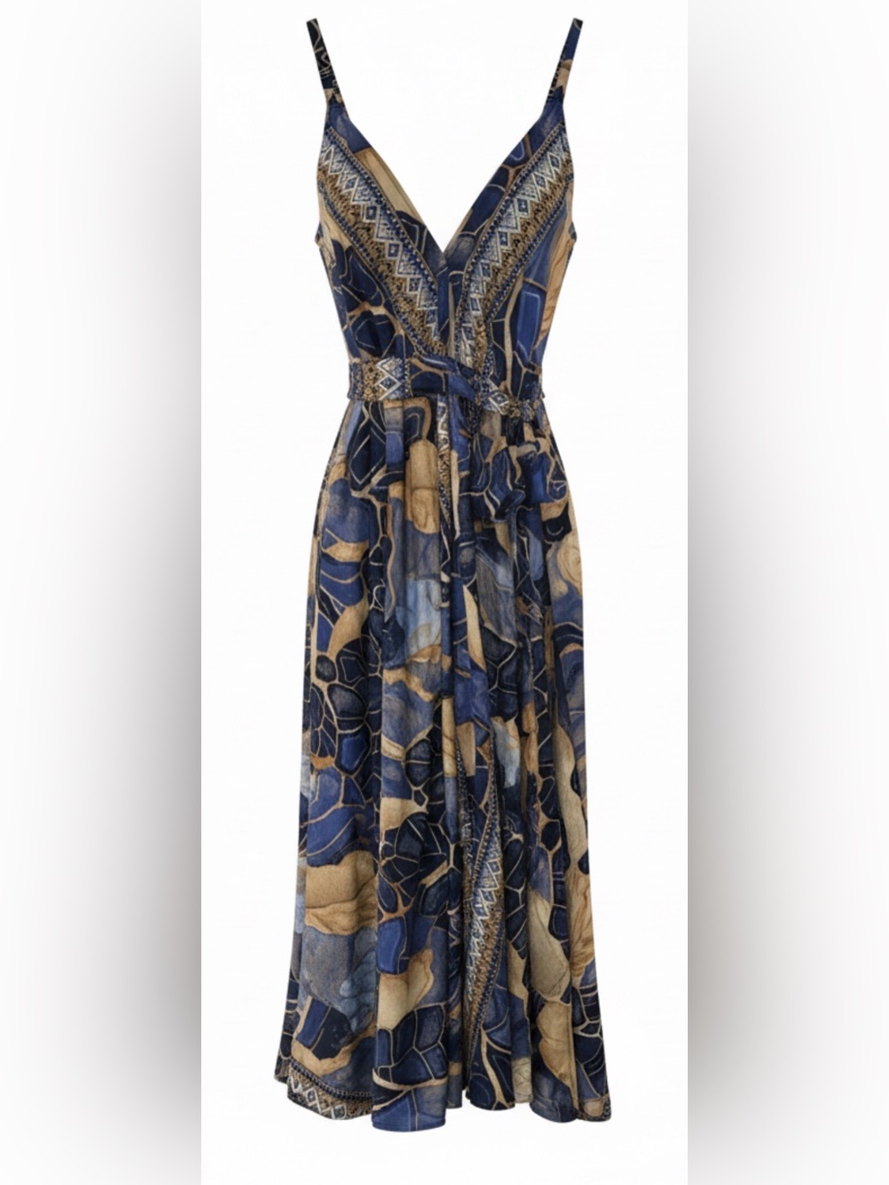 Sleeveless V-Neck Blue, Tan and Gold Printed Maxi Dress - OS